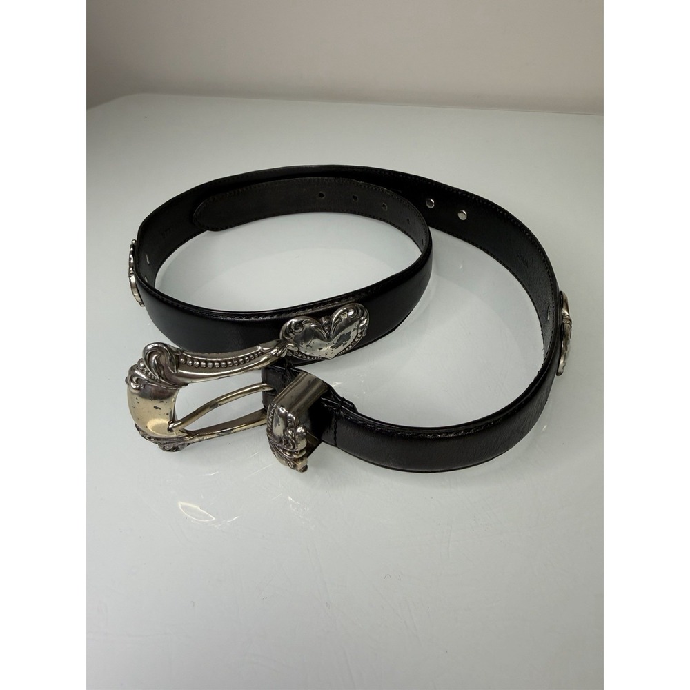 Women's Fossil Black Genuine Leather Belt With Metal Accents Hearts Size Medium